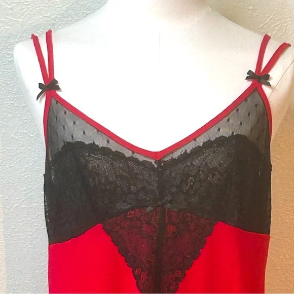 LINEA DONATELLA Red Knit & Black Sheer Mesh Lace Bust Chemise Nighty Nightgown M - Picture 3 of 7